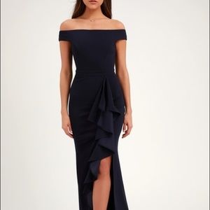 Mila Navy Blue Ruffled Off-the-Shoulder Maxi Dress